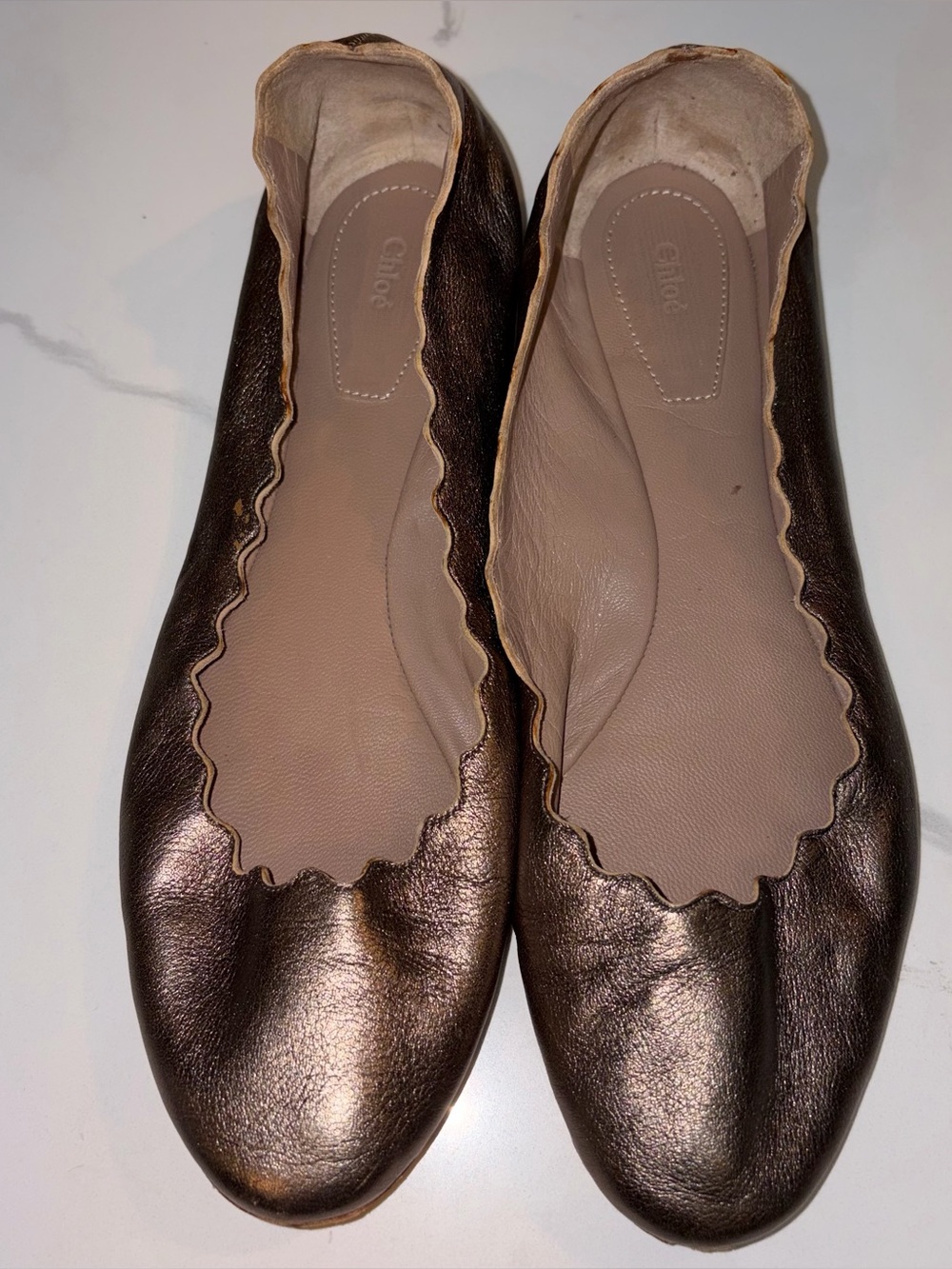 Chloe Lauren Scalloped Ballet Flat Metallic Gold Leather Dollette